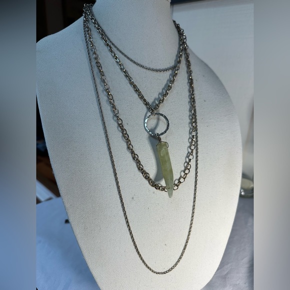 Silvertone multi chain necklace with light green horn dangle - Picture 4 of 8